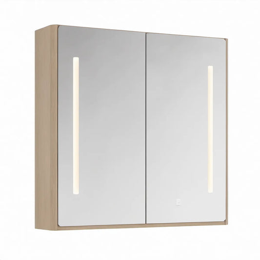 Koupelnová zrcadlová skříňka s LED osvětlením, 80 × 70 × 15 cm, světlý dub