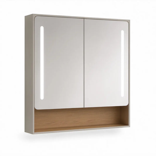 Koupelnová zrcadlová skříňka s LED osvětlením, 80 × 70 × 15 cm, šedá/dub