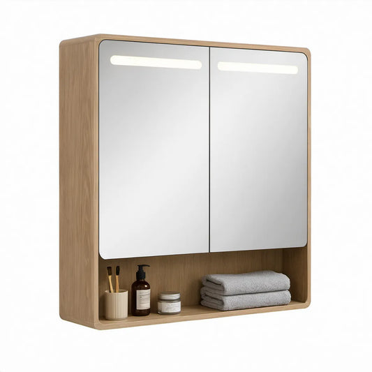 Koupelnová zrcadlová skříňka s LED osvětlením a spodní policí, 60 × 70 × 15 cm, přírodní dub/stříbrná