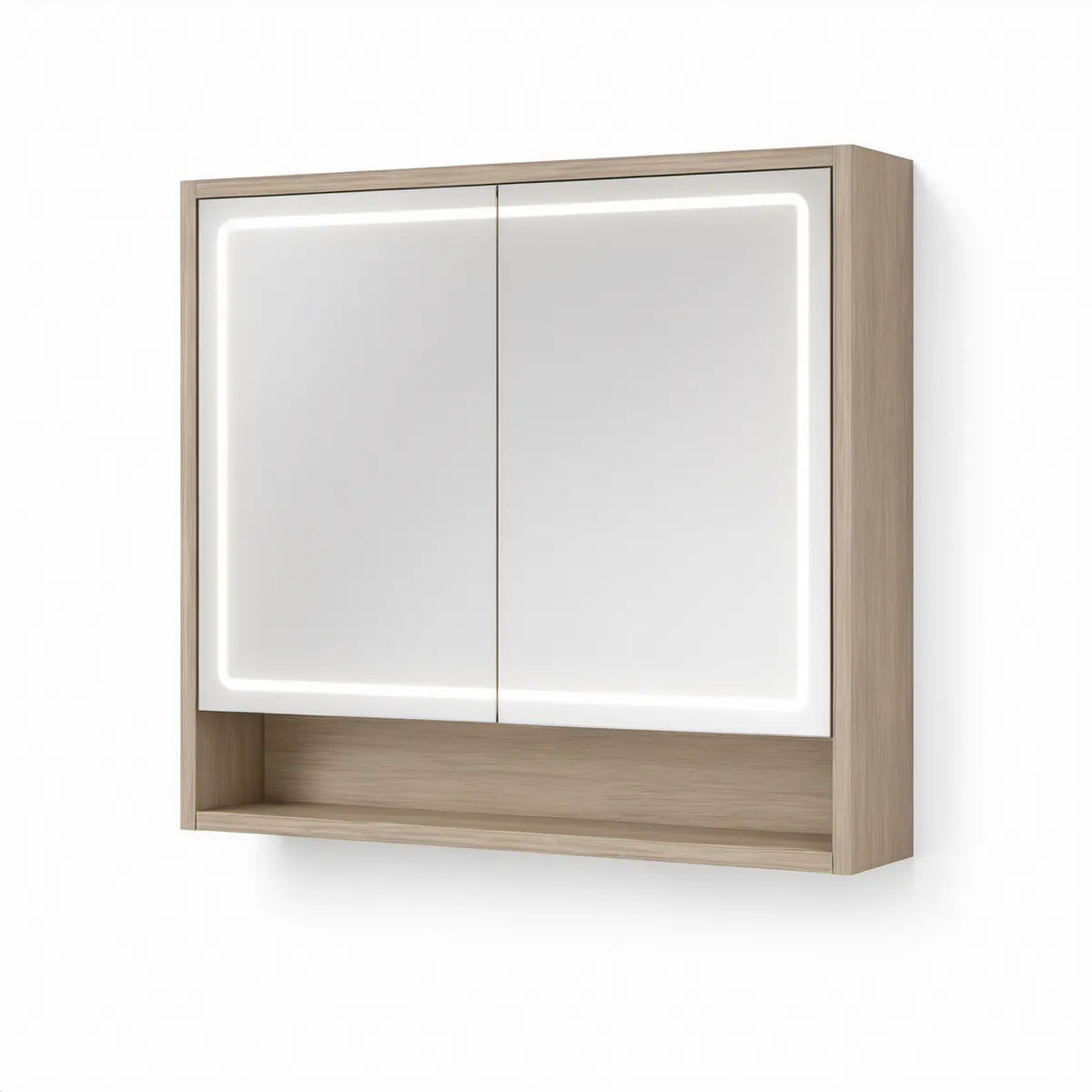 Koupelnová zrcadlová skříňka s LED osvětlením, světlý dub, 80 × 80 × 15 cm