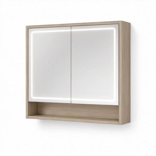 Koupelnová zrcadlová skříňka s LED osvětlením, světlý dub, 80 × 80 × 15 cm