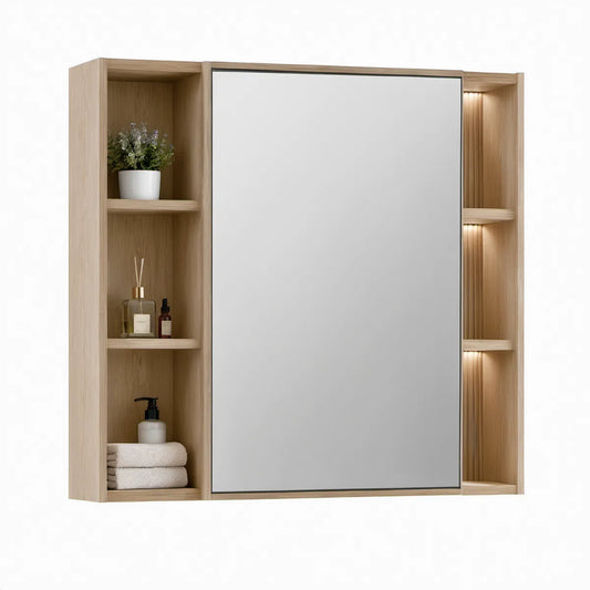 Zrcadlová koupelnová skříňka s LED osvětlením, 100 × 70 × 15 cm, světlý dub