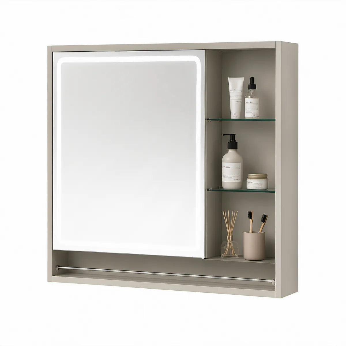 Koupelnová zrcadlová skříňka s LED osvětlením, šedá, 60 × 70 × 15 cm