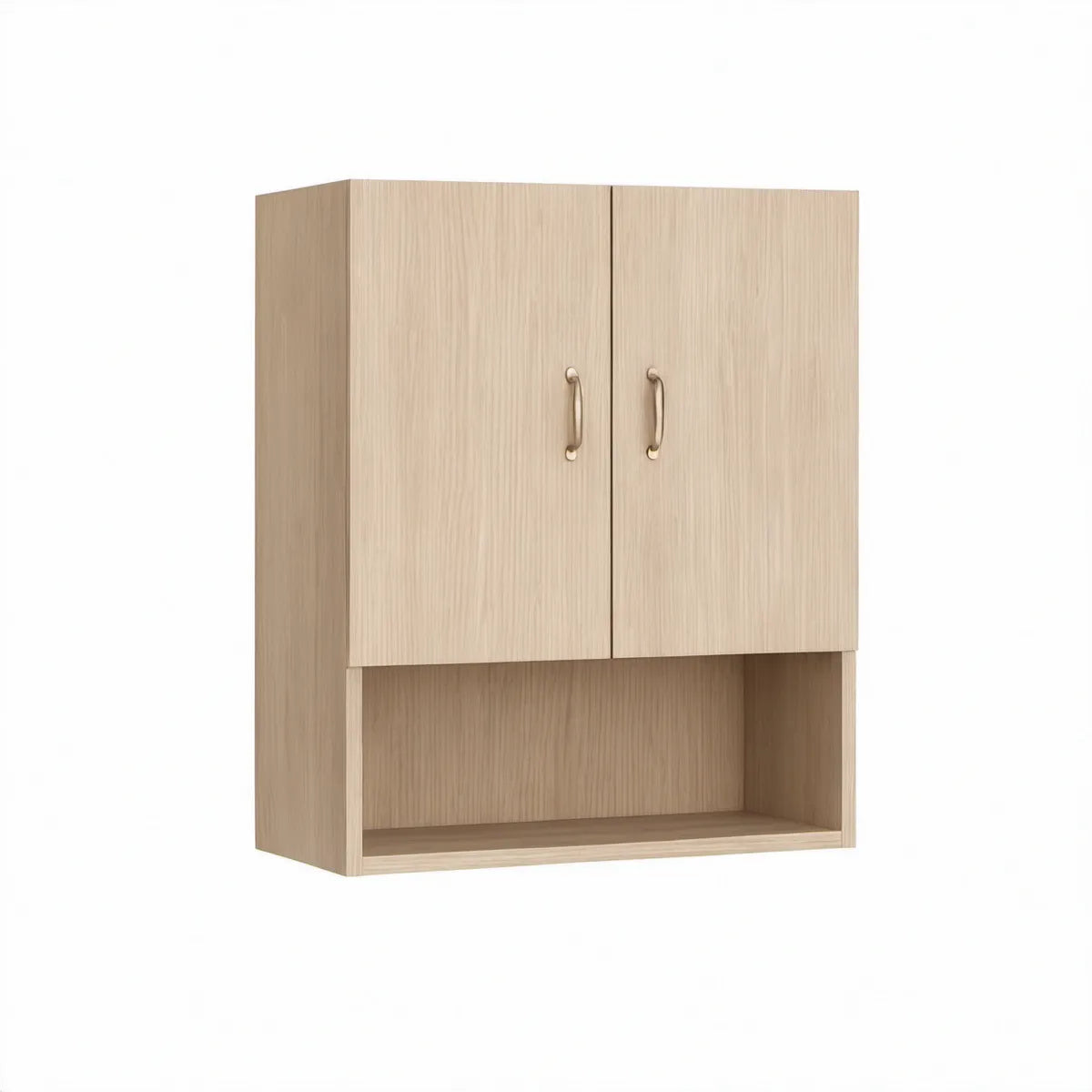 Závěsná koupelnová skříňka se 2 dvířky a otevřeným úložným prostorem, 60 × 20 × 60 cm, světlý dub